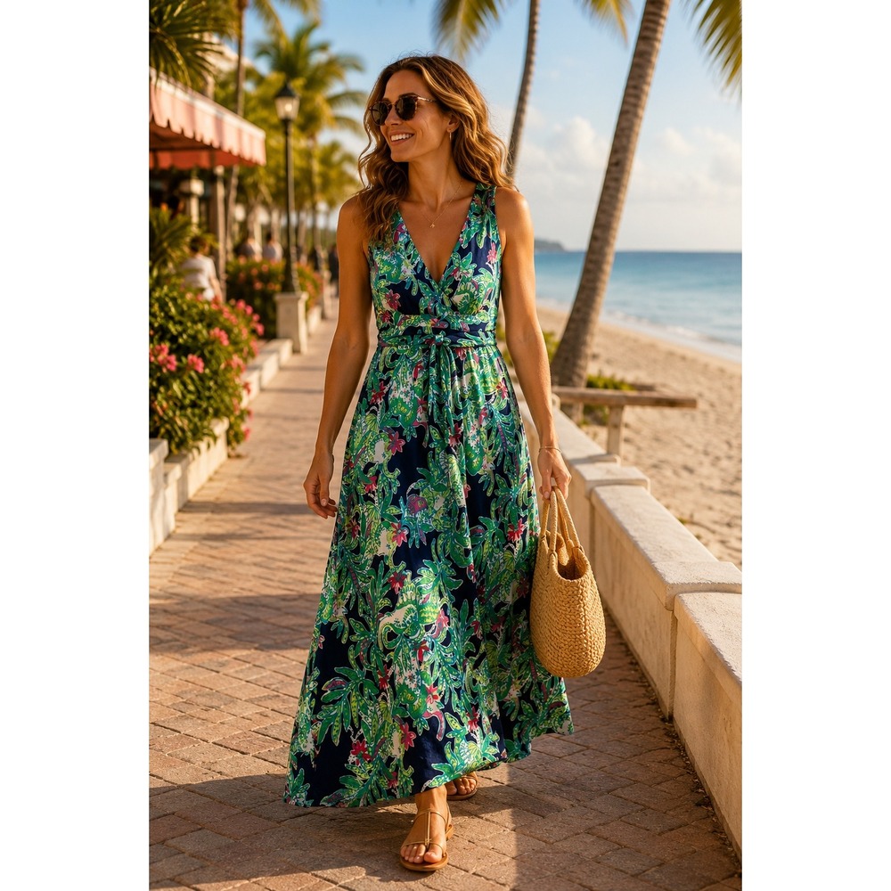 Lilly Pulitzer Womens Navy Green Floral Shell Print V-Neck Maxi Dress Size M